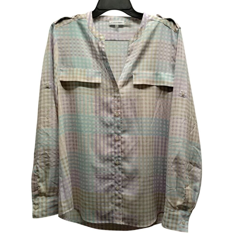 Calvin Klein Womens Button Up Shirt Size Large Pastel Check Long Sleeve Roll-Tab